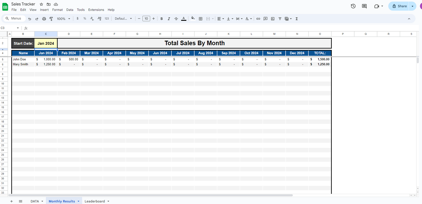 Sales Team Tracker Spreadsheet - Excel and Google Sheets