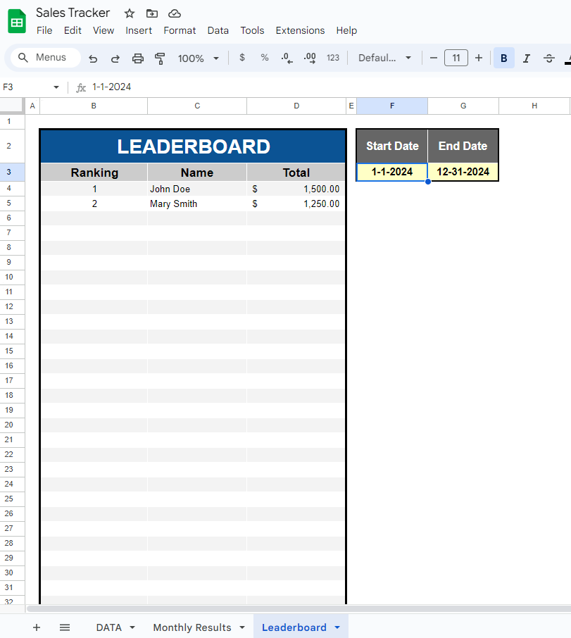 Sales Team Tracker Spreadsheet - Excel and Google Sheets